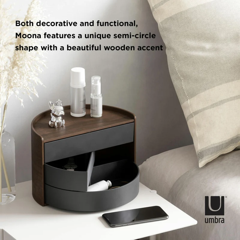 Umbra Schmuckaufbewahrung Moona, Makeup Organizer, Schmuckbehälter, 3-lagig, Schwarz, Walnuss, 1014748-048