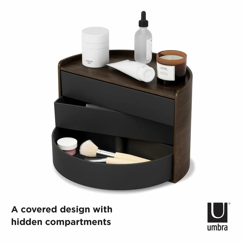 Umbra Schmuckaufbewahrung Moona, Makeup Organizer, Schmuckbehälter, 3-lagig, Schwarz, Walnuss, 1014748-048